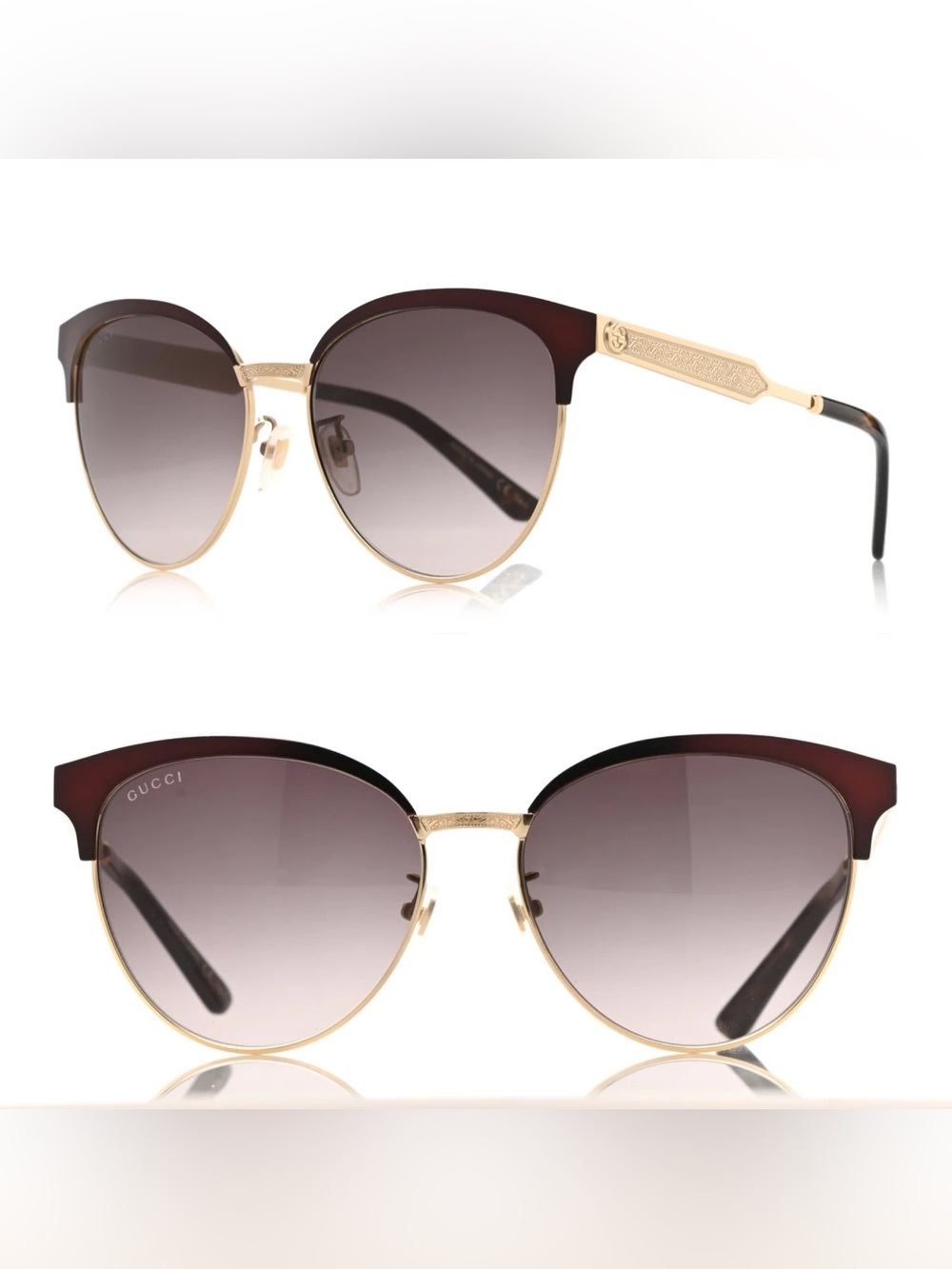 Gucci GG0074S Cat eye sunglasses gold metal frame purple gradient lenses